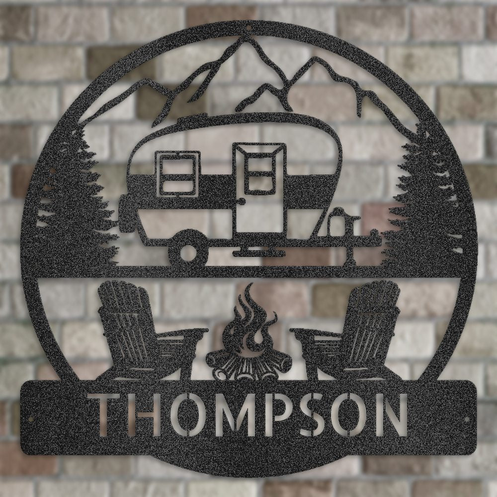 Custom Rustic Camper Sign with Mountains and Campfire