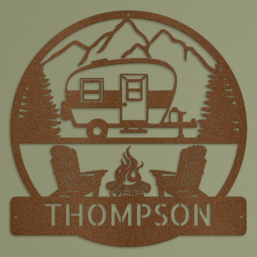 Custom Rustic Camper Sign with Mountains and Campfire
