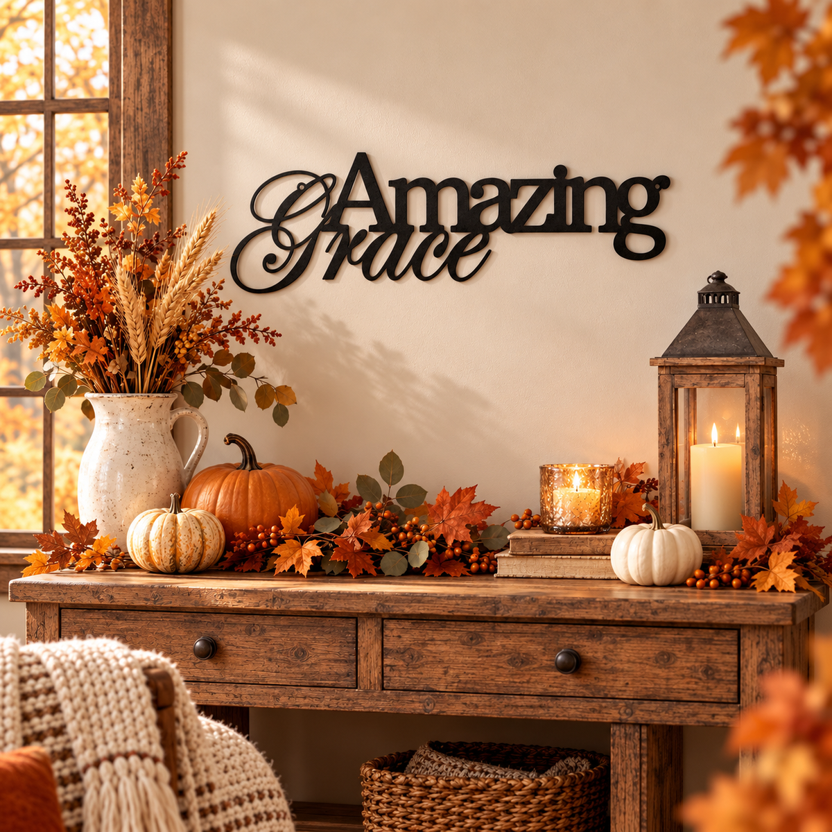Amazing Grace metal wall sign displayed above a rustic table with fall decorations