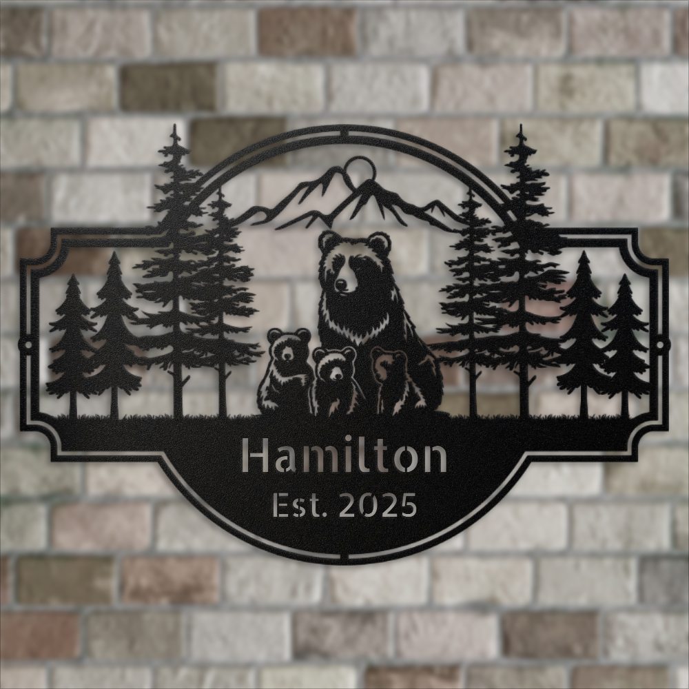 Personalized Bear Family Metal Sign – Custom Cabin & Family Name Wall Art in black against a brick wall closeup