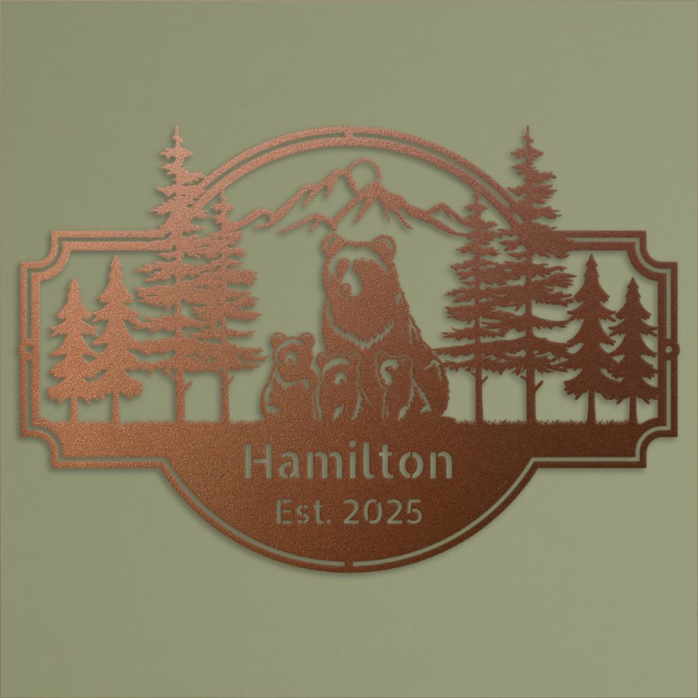 Personalized Bear Family Metal Sign – Custom Cabin & Family Name Wall Art in copper against a green wall close up.