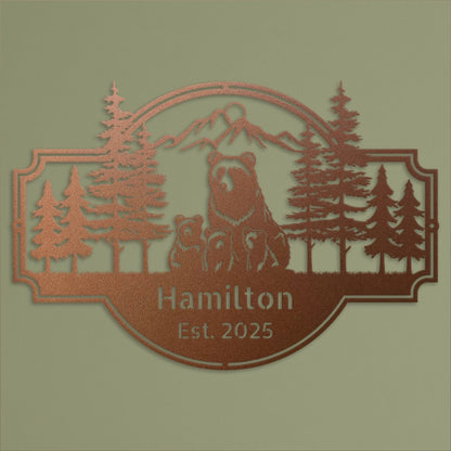 Personalized Bear Family Metal Sign – Custom Cabin & Family Name Wall Art in copper against a green wall close up.