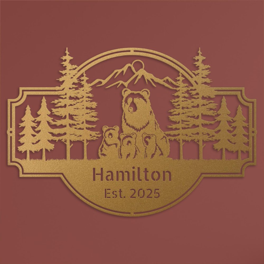 Personalized Bear Family Metal Sign – Custom Cabin & Family Name Wall Art in gold against a red wall close up.
