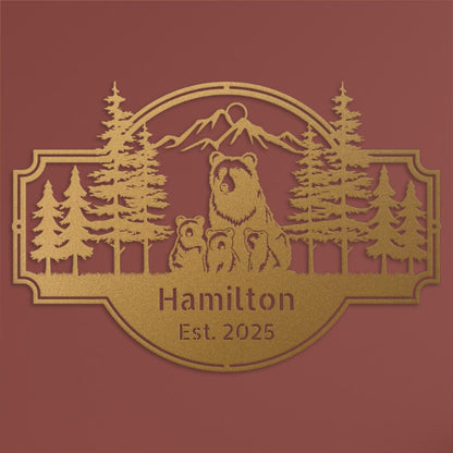 Personalized Bear Family Metal Sign – Custom Cabin & Family Name Wall Art in gold against a red wall close up.