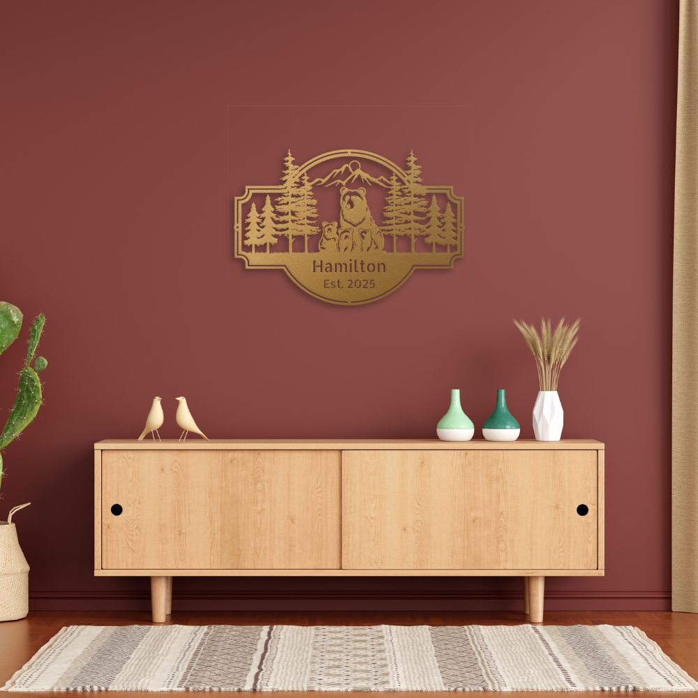 Personalized Bear Family Metal Sign – Custom Cabin & Family Name Wall Art in gold against a red wall hanging above a contemporary credenza.