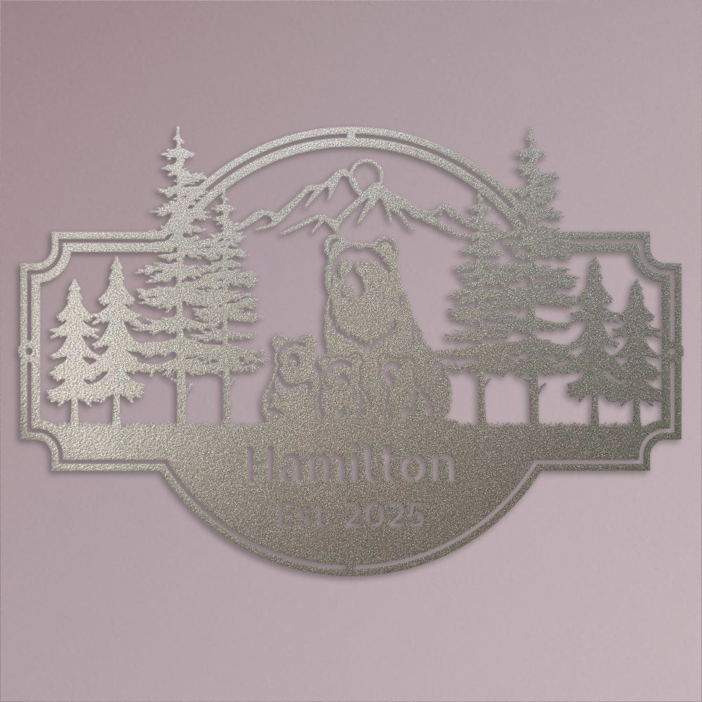 Personalized Bear Family Metal Sign – Custom Cabin & Family Name Wall Art in silver against a light purple wall close up.