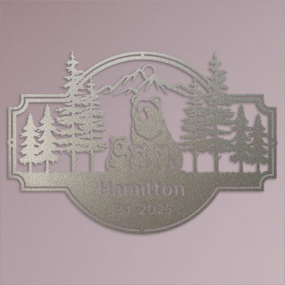 Personalized Bear Family Metal Sign – Custom Cabin & Family Name Wall Art in silver against a light purple wall close up.