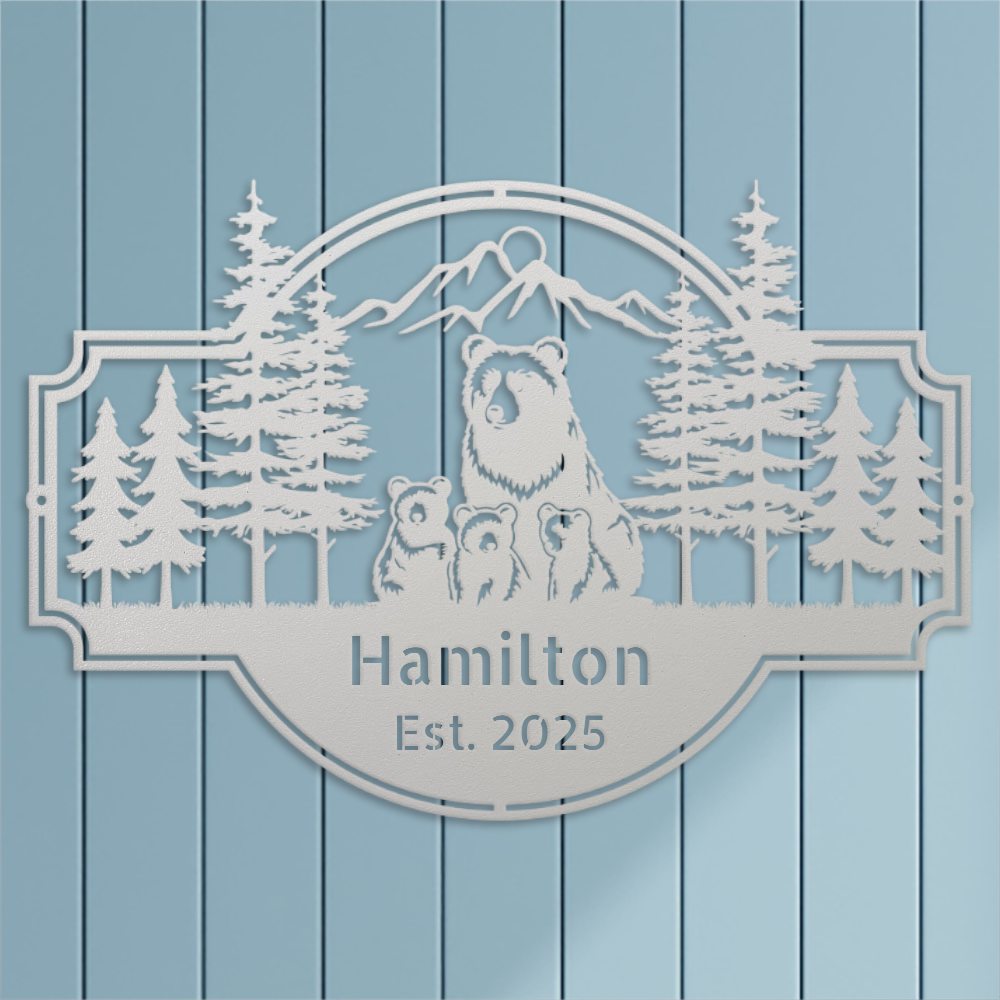 Personalized Bear Family Metal Sign – Custom Cabin & Family Name Wall Art in white against a blue shiplap wall close up.