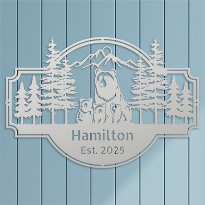 Personalized Bear Family Metal Sign – Custom Cabin & Family Name Wall Art in white against a blue shiplap wall close up.