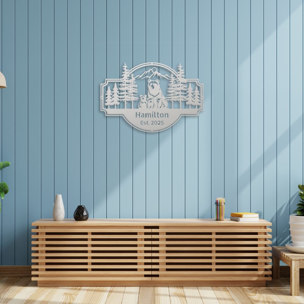 Personalized Bear Family Metal Sign – Custom Cabin & Family Name Wall Art in white against a blue shiplap wall hanging above a contemporary credenza.
