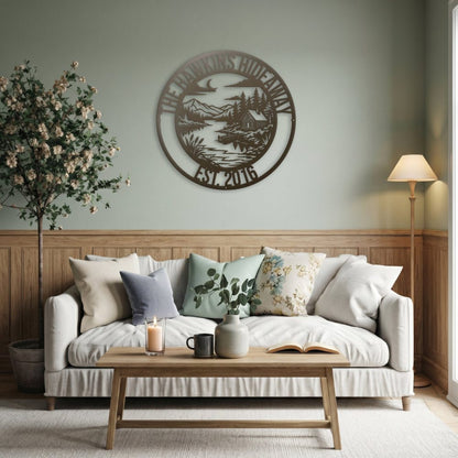 Stone Lake House Legacy Steel Wall Art — Custom Name & Est. Date Living Room Scene