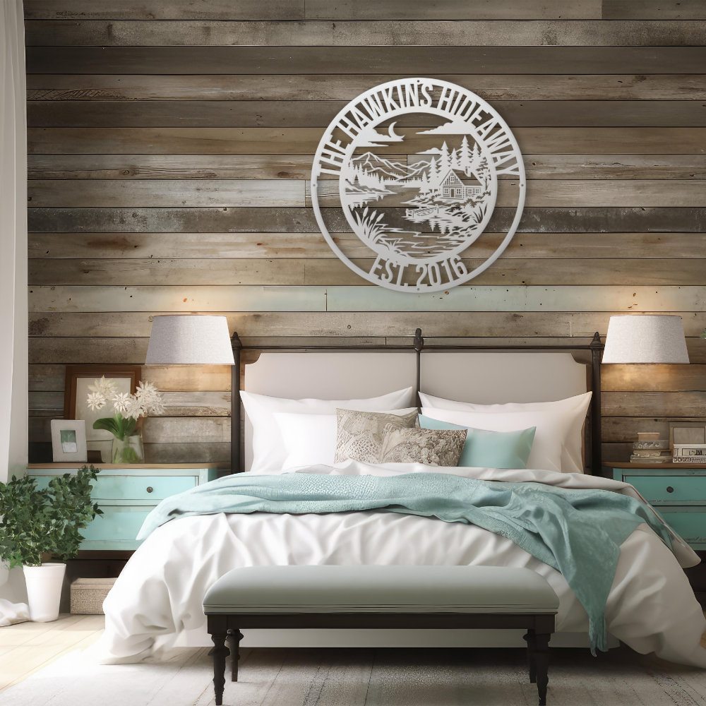 White Lake House Legacy Steel Wall Art — Custom Name & Est. Date Bedroom Scene