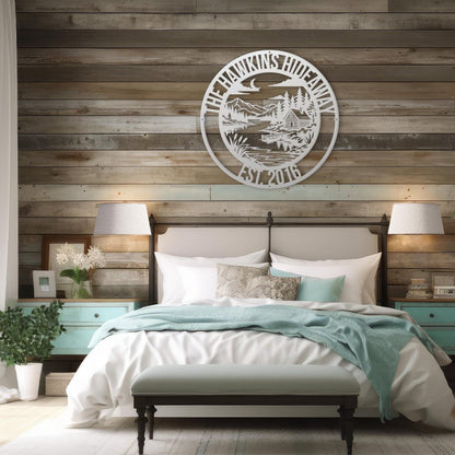 White Lake House Legacy Steel Wall Art — Custom Name & Est. Date Bedroom Scene