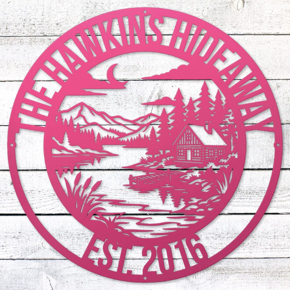 Pink Lake House Legacy Steel Wall Art — Custom Name & Est. Date