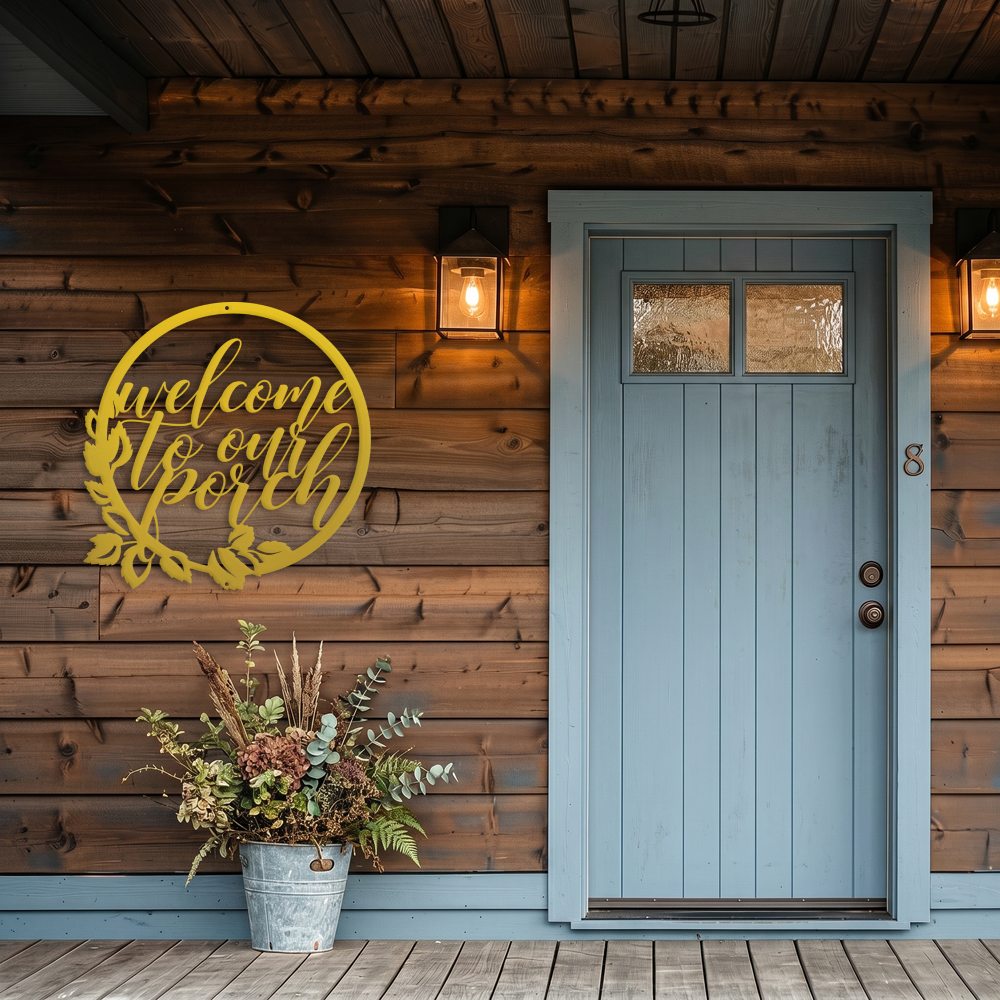 Welcome to our porch laser-cut steel sign with floral wreath design handcrafted in the USA