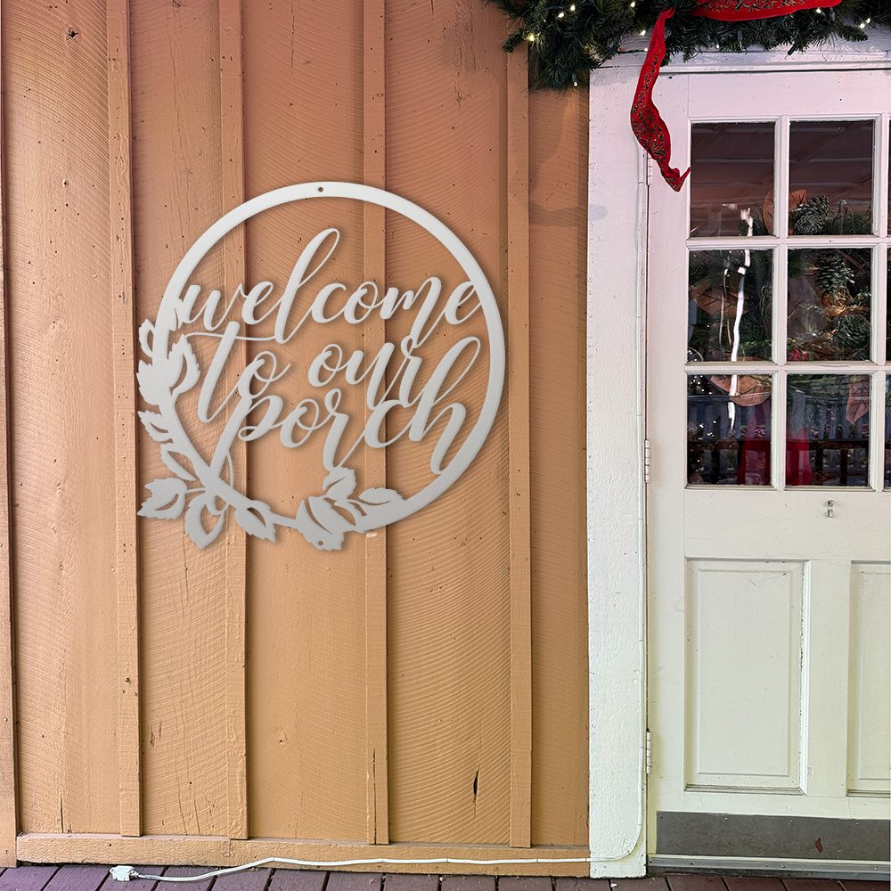 Welcome to our porch laser-cut steel sign with floral wreath design handcrafted in the USA