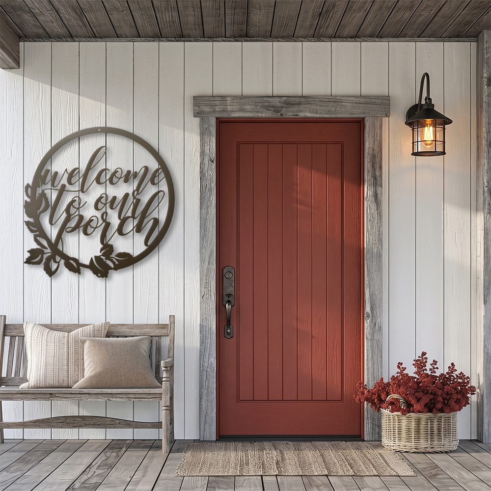 Welcome to our porch laser-cut steel sign with floral wreath design handcrafted in the USA