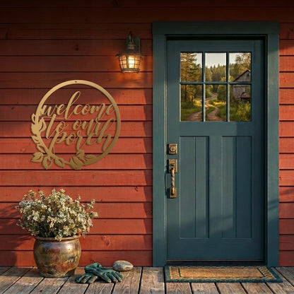 Welcome to our porch laser-cut steel sign with floral wreath design handcrafted in the USA