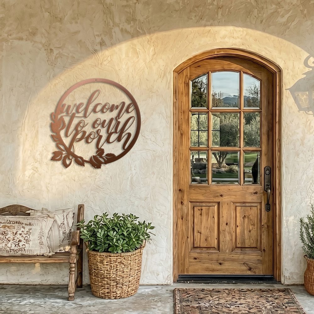 Welcome to our porch laser-cut steel sign with floral wreath design handcrafted in the USA