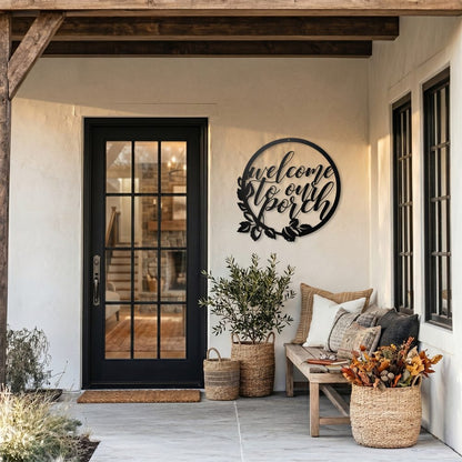 Welcome to our porch laser-cut steel sign with floral wreath design handcrafted in the USA
