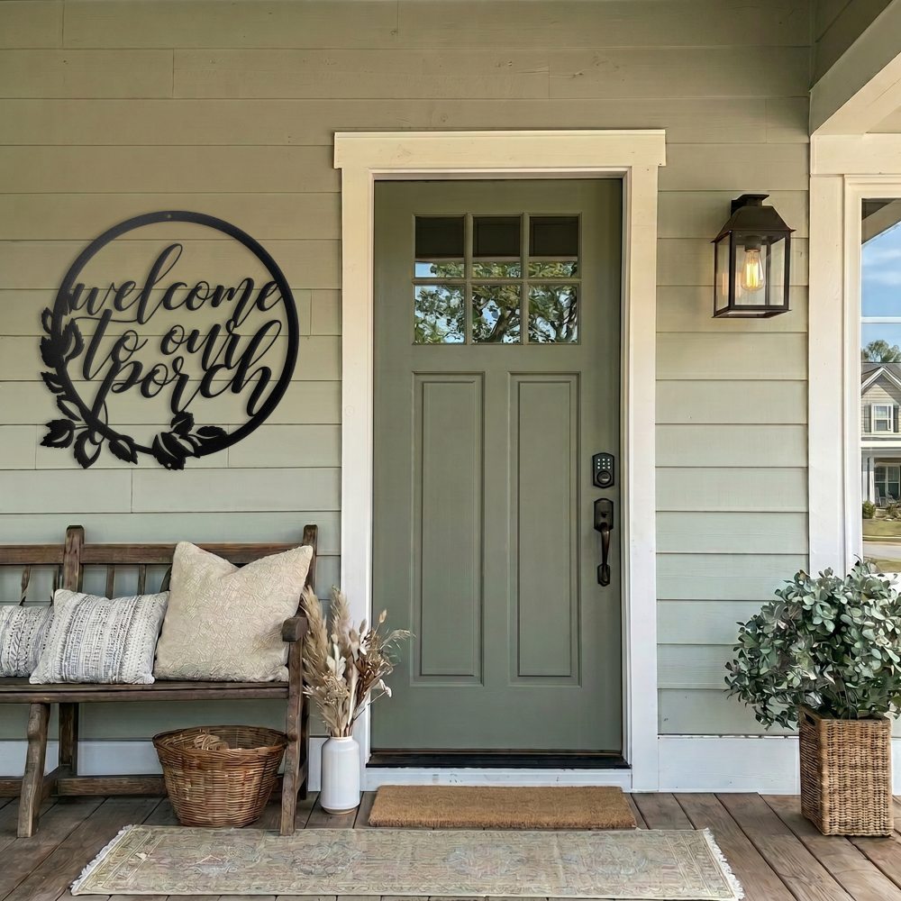 Welcome to our porch laser-cut steel sign with floral wreath design handcrafted in the USA