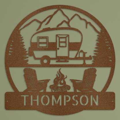 Custom Rustic Camper Sign with Mountains and Campfire